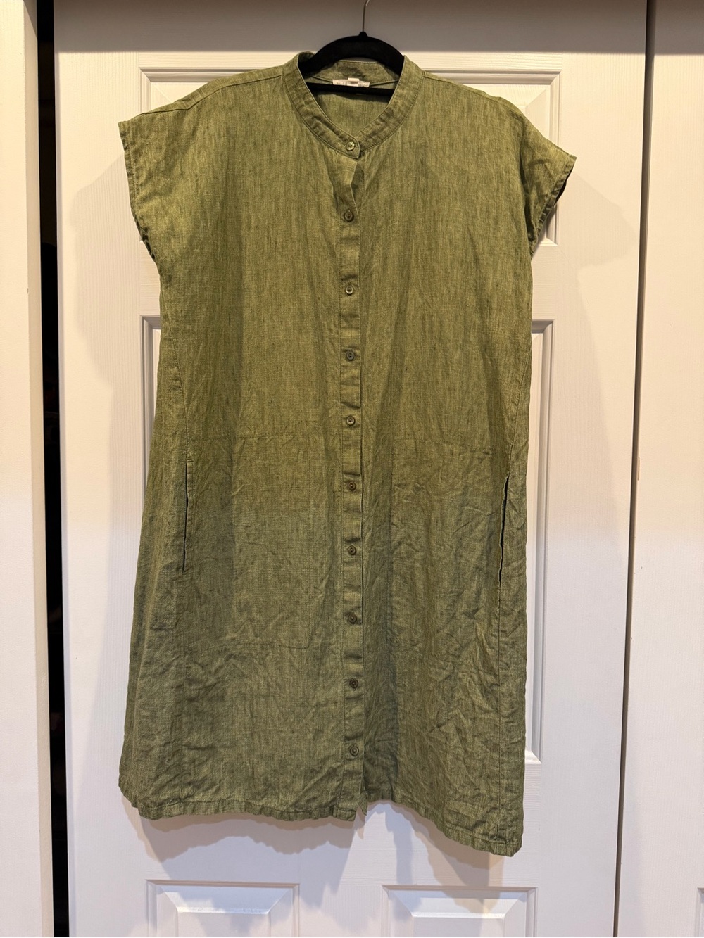 Eileen Fisher Olive Green Linen Button-Front Dress